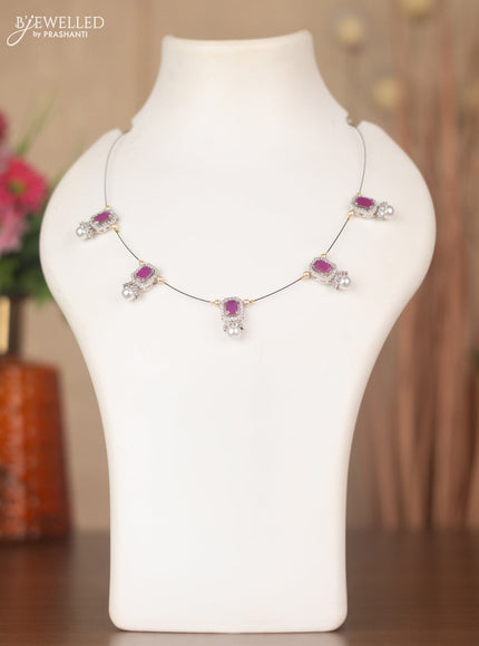 Invisible chain with ruby & cz stones and pearls in silver finish