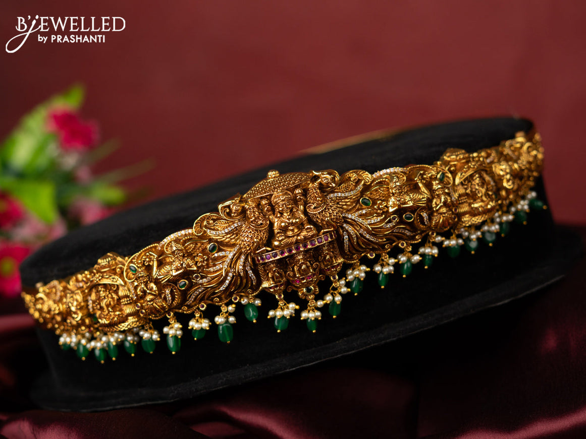 Antique self embossed hip belt lakhmi design with kemp & cz stones and pearl & green beads hangings