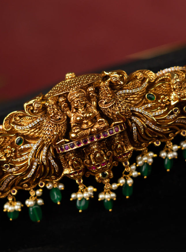 Antique self embossed hip belt lakhmi design with kemp & cz stones and pearl & green beads hangings