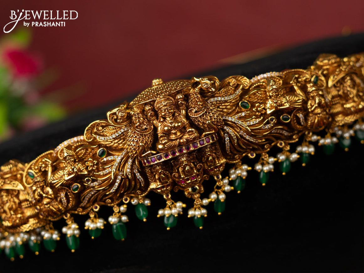 Antique self embossed hip belt lakhmi design with kemp & cz stones and pearl & green beads hangings