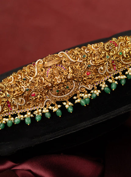 Antique self embossed hip belt lakhmi design with kemp & cz stones and pearl & mint green beads hangings
