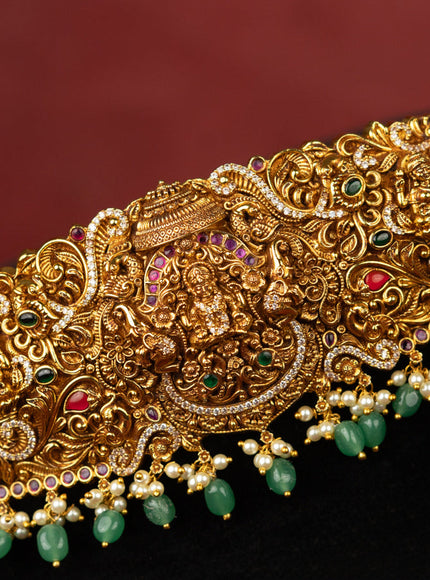 Antique self embossed hip belt lakhmi design with kemp & cz stones and pearl & mint green beads hangings