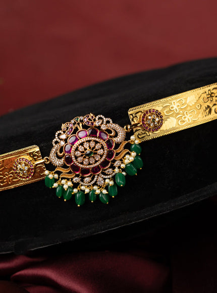 Antique self embossed hip belt with kemp & cz stones and pearl & green beads hangings