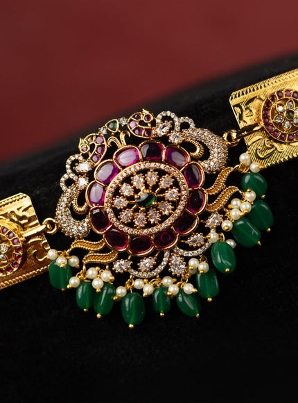 Antique self embossed hip belt with kemp & cz stones and pearl & green beads hangings