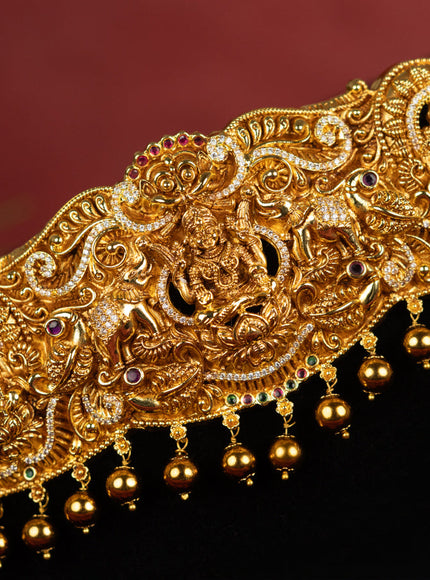 Antique self embossed hip belt lakhmi design with kemp & cz stones and pearl & golden beads hangings