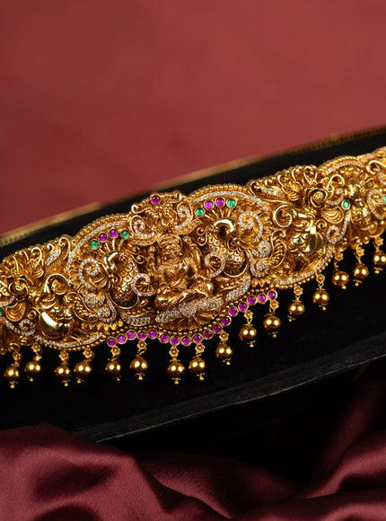 Antique self embossed hip belt lakhmi design with kemp & cz stones and pearl & golden beads hangings