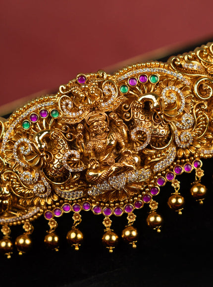 Antique self embossed hip belt lakhmi design with kemp & cz stones and pearl & golden beads hangings