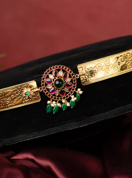 Antique self embossed hip belt floral design with kemp & cz stones and pearl & green beads hangings