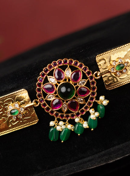 Antique self embossed hip belt floral design with kemp & cz stones and pearl & green beads hangings