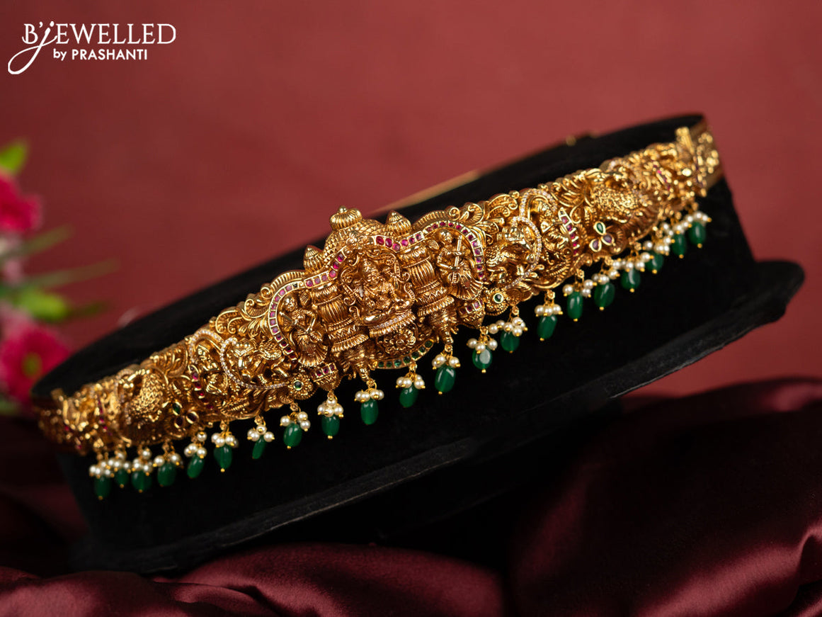 Antique self embossed hip belt lakhmi design with kemp & cz stones and pearl & green beads hangings