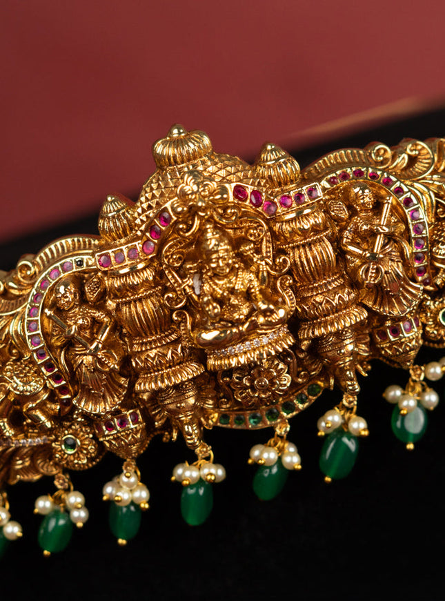 Antique self embossed hip belt lakhmi design with kemp & cz stones and pearl & green beads hangings