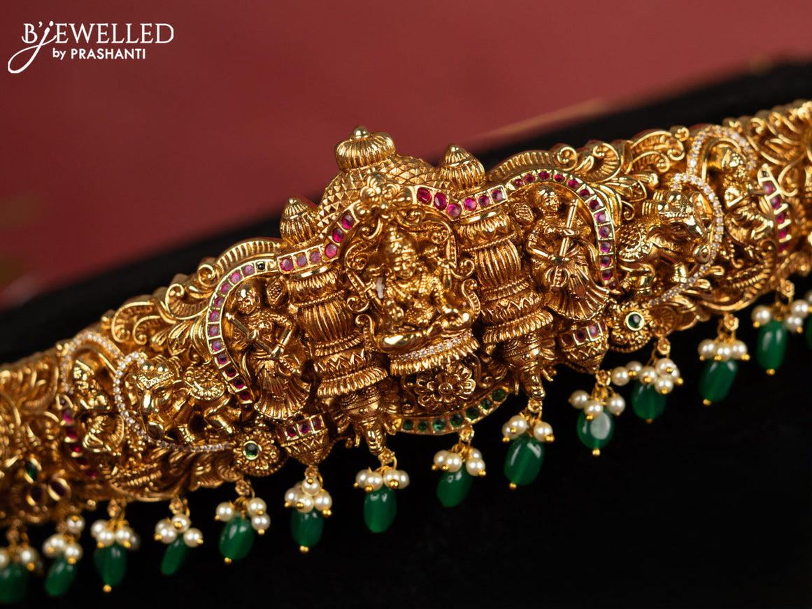 Antique self embossed hip belt lakhmi design with kemp & cz stones and pearl & green beads hangings