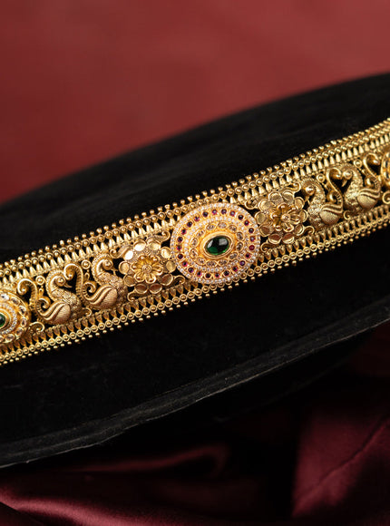 Antique self embossed hip belt peacock design with kemp and cz stones