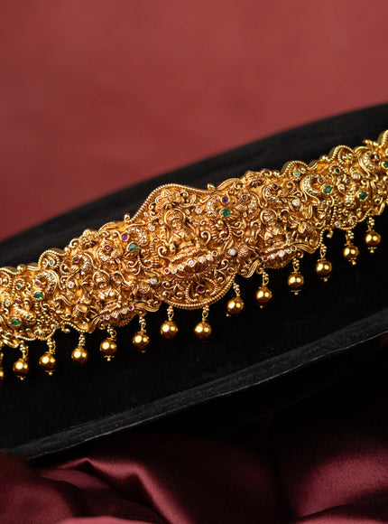 Antique self embossed hip belt lakhmi design with kemp & cz stones and pearl & golden beads hangings