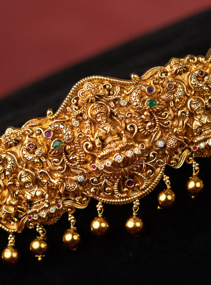 Antique self embossed hip belt lakhmi design with kemp & cz stones and pearl & golden beads hangings
