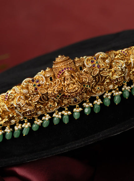 Antique self embossed hip belt lakhmi design with kemp & cz stones and pearl & mint green beads hangings