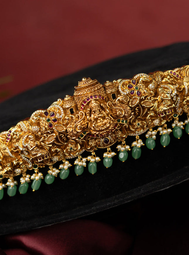 Antique self embossed hip belt lakhmi design with kemp & cz stones and pearl & mint green beads hangings