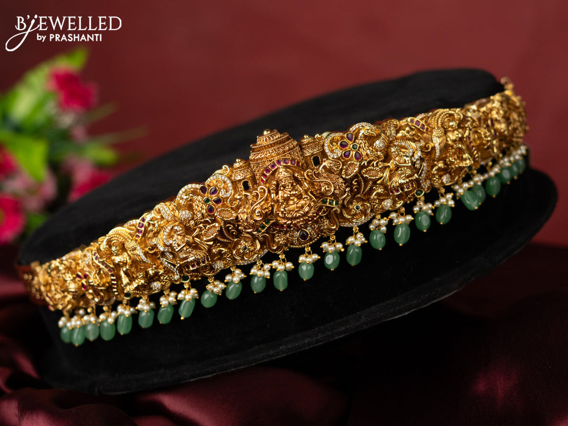 Antique self embossed hip belt lakhmi design with kemp & cz stones and pearl & mint green beads hangings