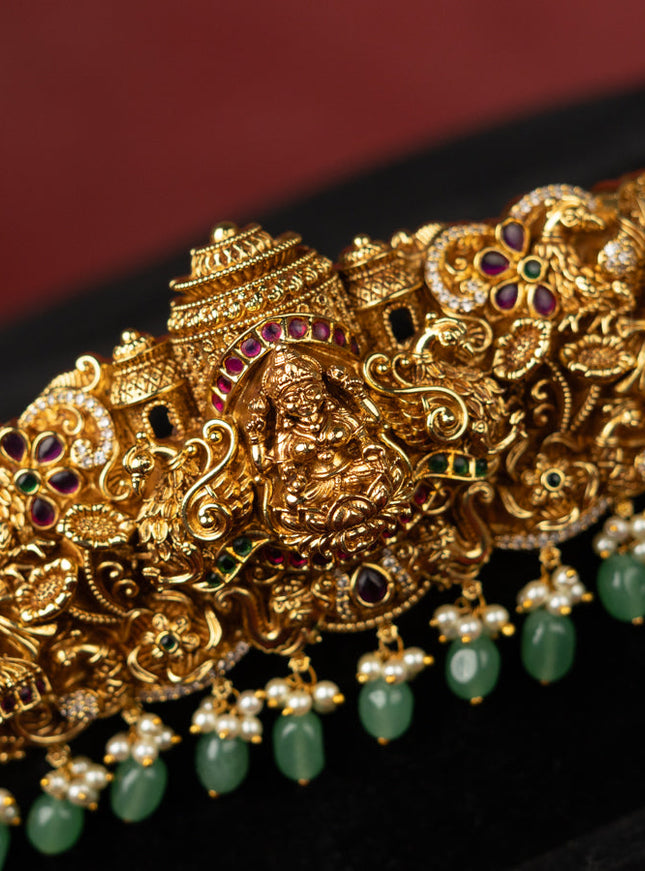 Antique self embossed hip belt lakhmi design with kemp & cz stones and pearl & mint green beads hangings
