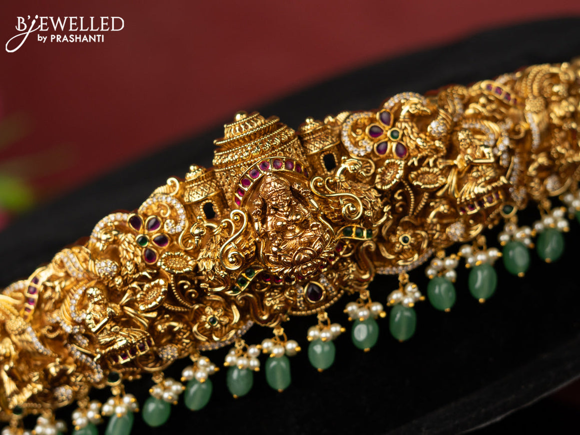 Antique self embossed hip belt lakhmi design with kemp & cz stones and pearl & mint green beads hangings