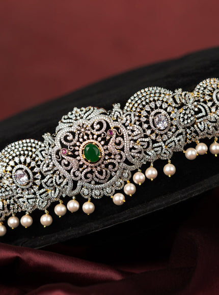 Zircon hip belt with multicolour & cz stones and pearl hangings