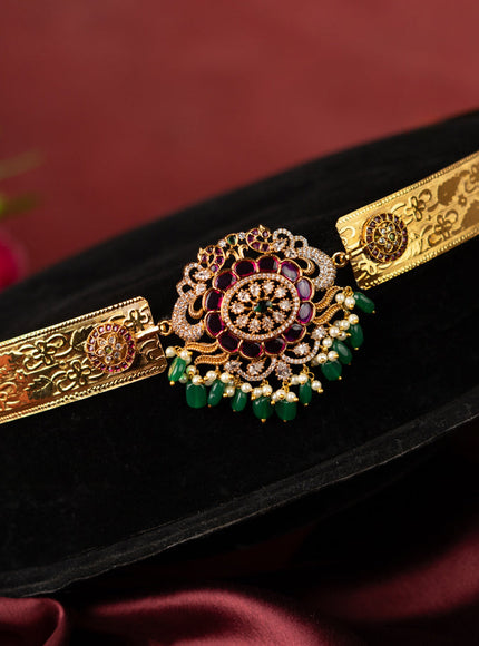Antique self embossed hip belt with kemp & cz stones and pearl & mint green beads hangings