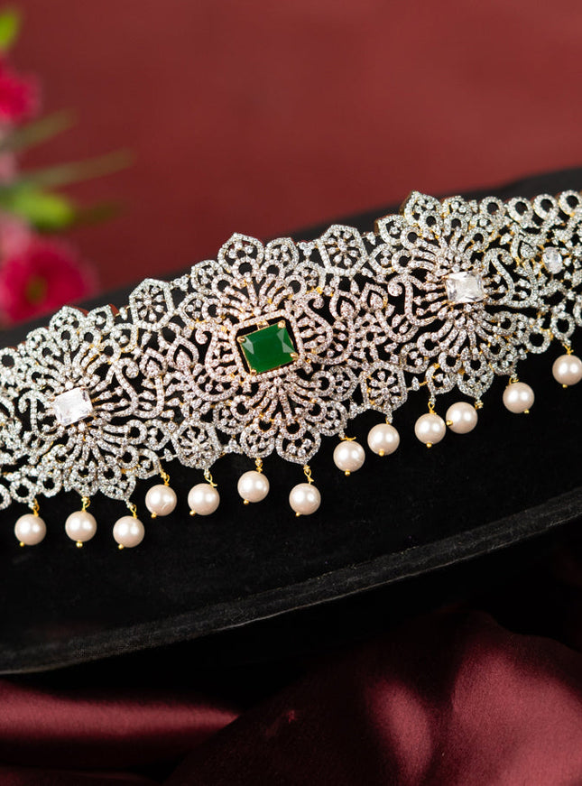Zircon hip belt with multicolour & cz stones and pearl hangings