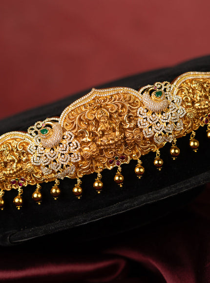 Antique self embossed hip belt lakhmi peacock design with kemp & cz stones and pearl & golden beads hangings