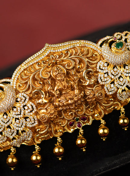 Antique self embossed hip belt lakhmi peacock design with kemp & cz stones and pearl & golden beads hangings