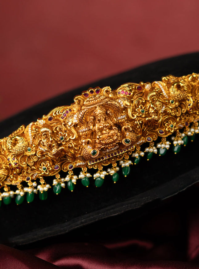 Antique self embossed hip belt lakhmi design with kemp & cz stones and pearl & green beads hangings