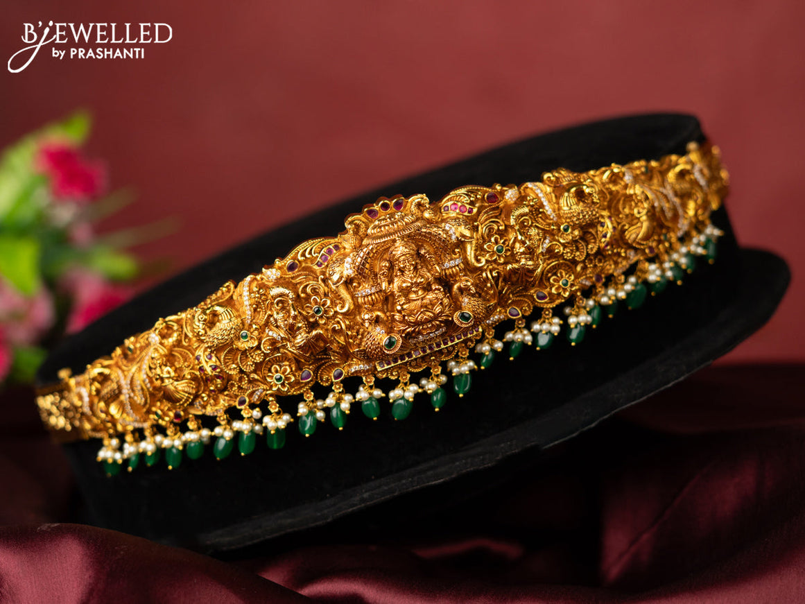 Antique self embossed hip belt lakhmi design with kemp & cz stones and pearl & green beads hangings