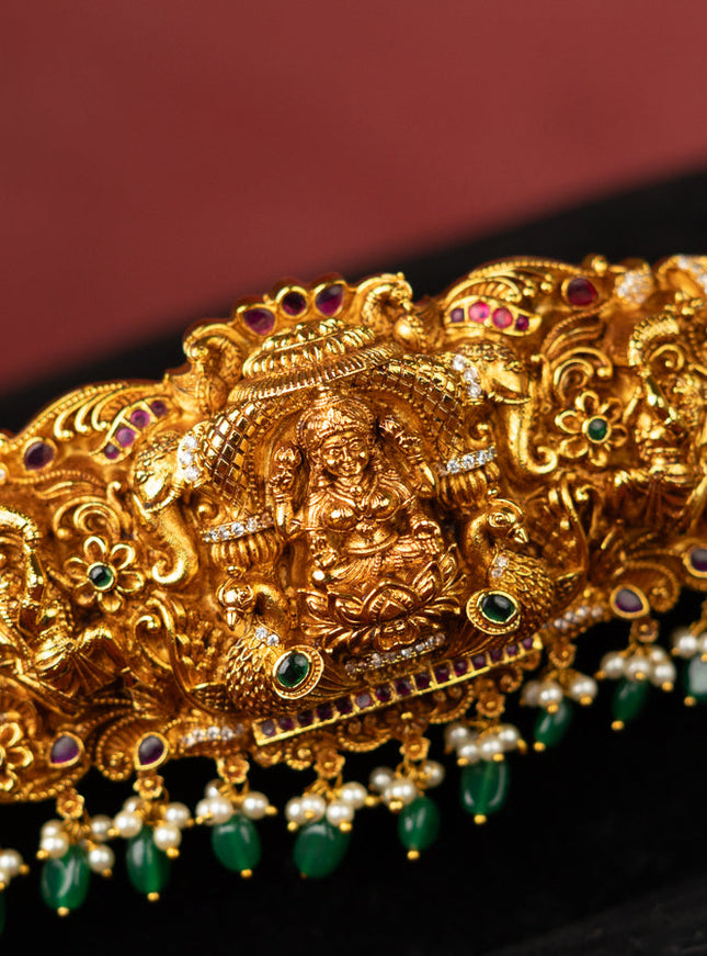 Antique self embossed hip belt lakhmi design with kemp & cz stones and pearl & green beads hangings