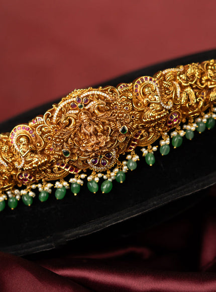 Antique self embossed hip belt lakhmi design with kemp & cz stones and pearl & mint green beads hangings