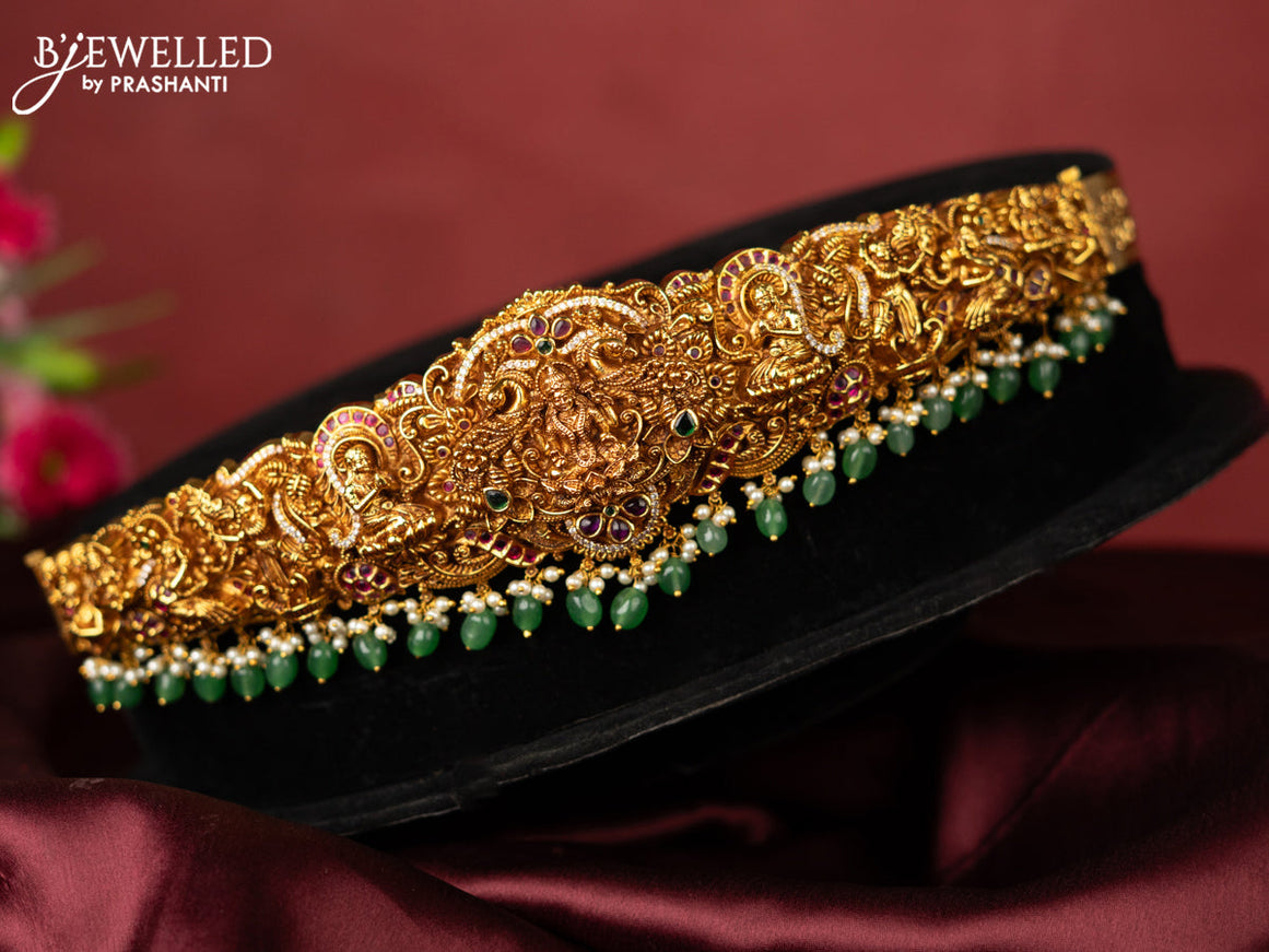 Antique self embossed hip belt lakhmi design with kemp & cz stones and pearl & mint green beads hangings