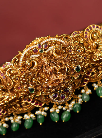 Antique self embossed hip belt lakhmi design with kemp & cz stones and pearl & mint green beads hangings