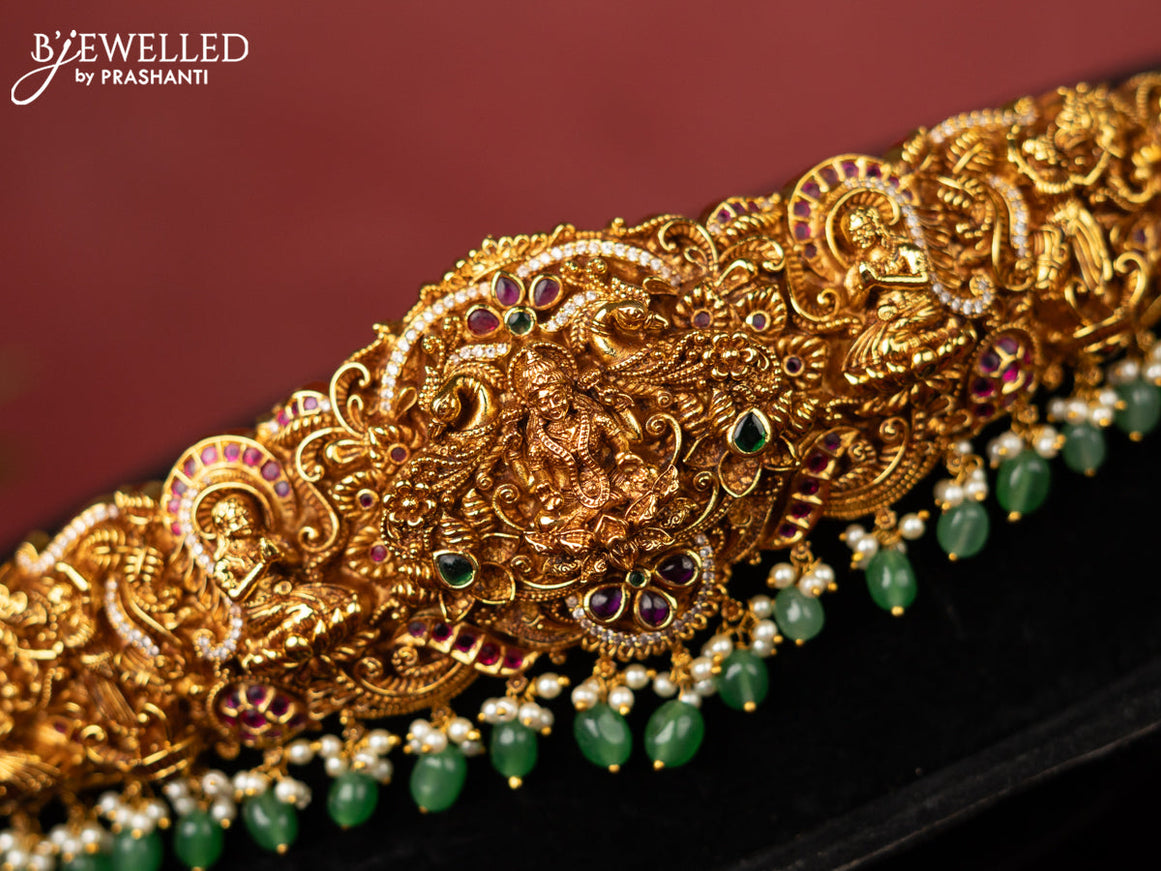 Antique self embossed hip belt lakhmi design with kemp & cz stones and pearl & mint green beads hangings