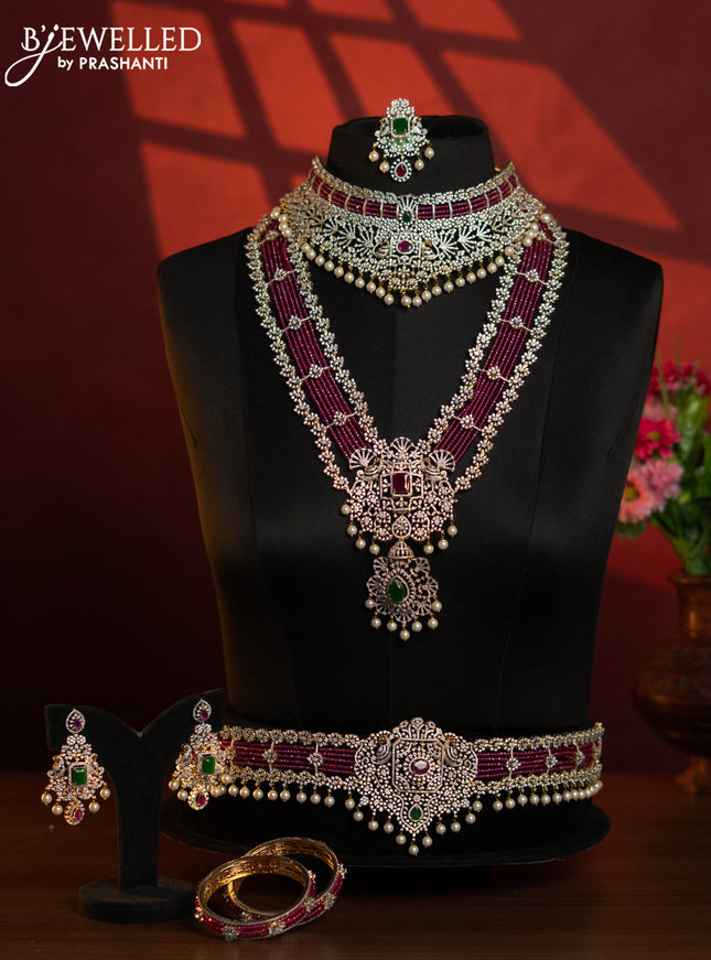 Zircon pink beads bridal set with kemp & cz stones and pearl hangings