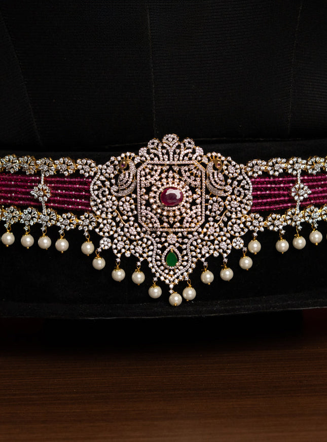 Zircon pink beads bridal set with kemp & cz stones and pearl hangings