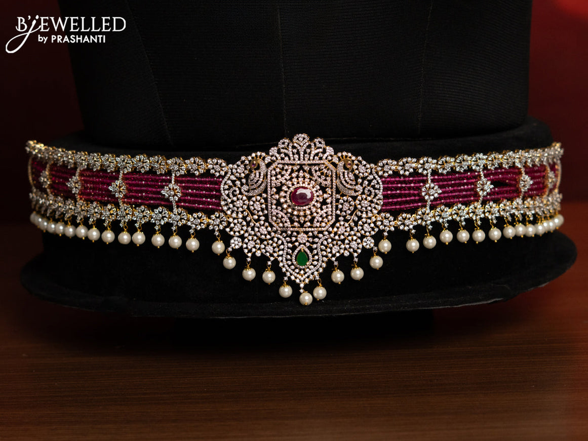 Zircon pink beads bridal set with kemp & cz stones and pearl hangings