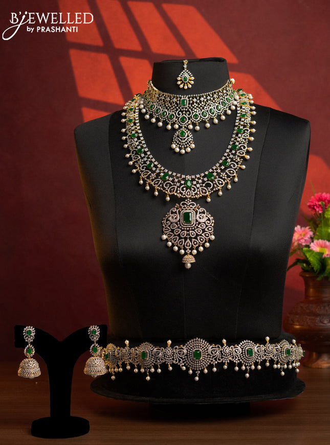 Zircon bridal set removable pendant with emerald & cz stones and pearl hangings