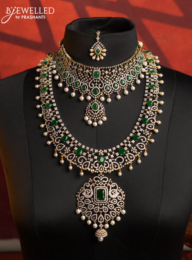 Zircon bridal set removable pendant with emerald & cz stones and pearl hangings