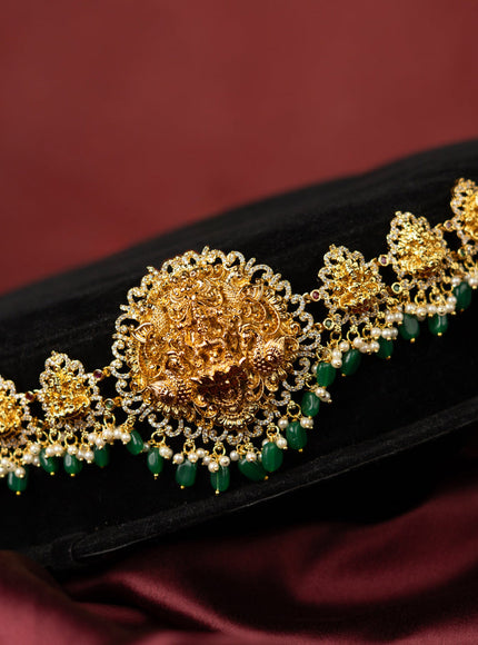 Antique hip chain lakshmi design with kemp & cz stones and pearl & green beads hangings