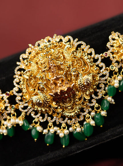 Antique hip chain lakshmi design with kemp & cz stones and pearl & green beads hangings