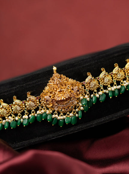 Antique hip chain lakshmi & peacock design with kemp & cz stones and pearl & green beads hangings