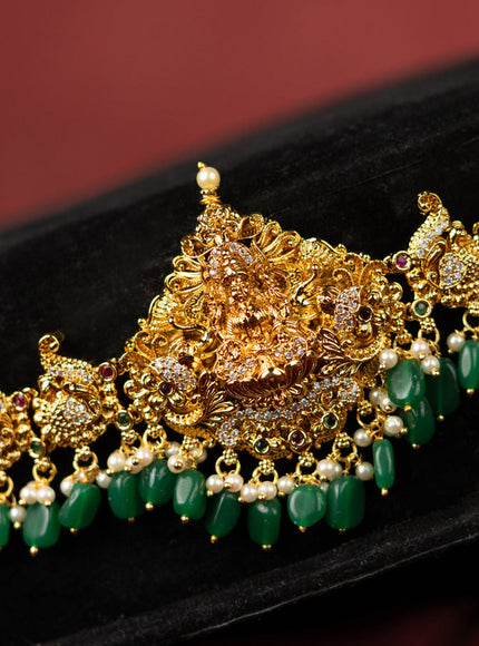 Antique hip chain lakshmi & peacock design with kemp & cz stones and pearl & green beads hangings