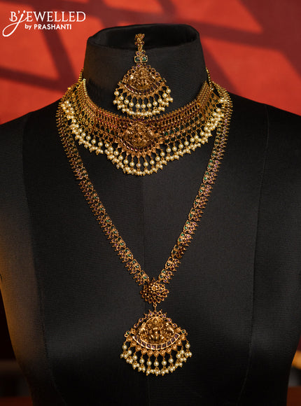 Antique bridal set lakshmi design with kemp stones and pearl hangings