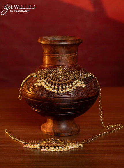 Antique bridal set lakshmi design with kemp stones and pearl hangings