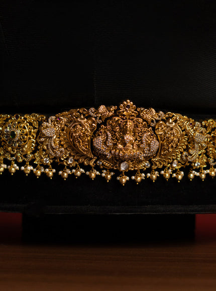 Antique bridal set lakshmi design with kemp & cz stones and pearl & golden beads hangings