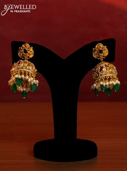 Antique combo set peacock design with kemp & cz stones and pearl & green beads hangings