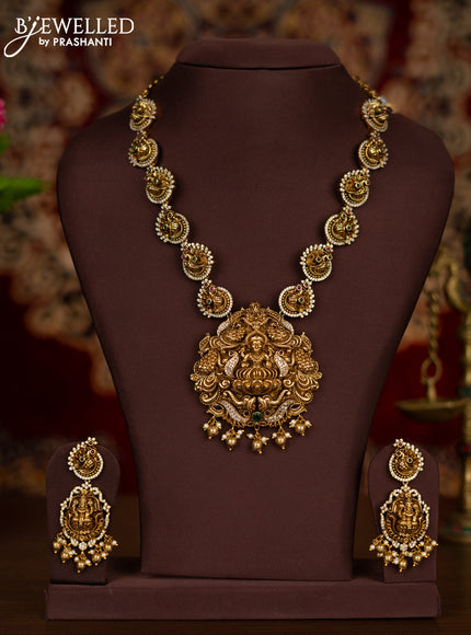 Antique necklace lakshmi design with kemp & cz stones and pearl & golden beads hangings